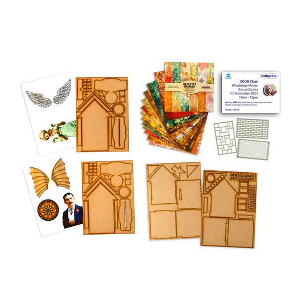 IndigoBlu Woodology Money Box, 3 x Stencils, 8x8" Paper Pack, 2 x - 003949