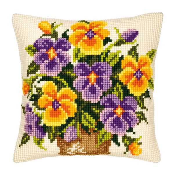 Vervaco Yellow and Purple Pansies Cross Stitch Cushion Kit - 016946