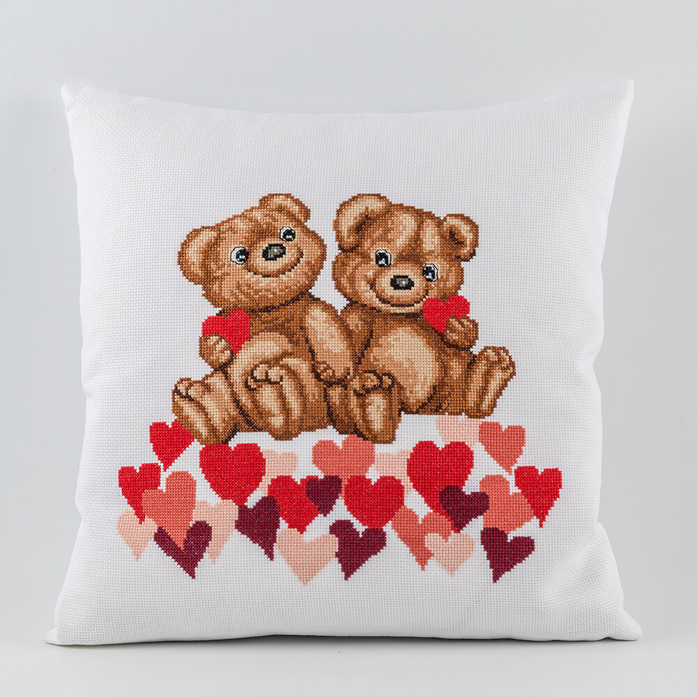 Permin Teddy Bear Hearts Aida Cushion Kit - 40cm x 40cm