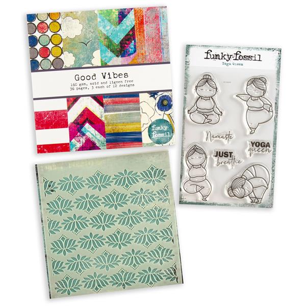 Funky Fossil A6 Yoga Queen Stamp Set, 6x6” Good Vibes Paper Pad & - 128147