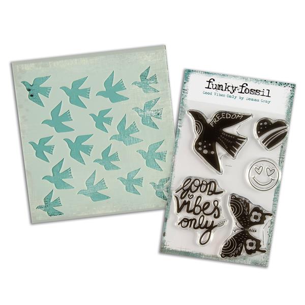 Funky Fossil Good Vibes A6 Stamp Set & Wings of Freedom Stencil - 137351