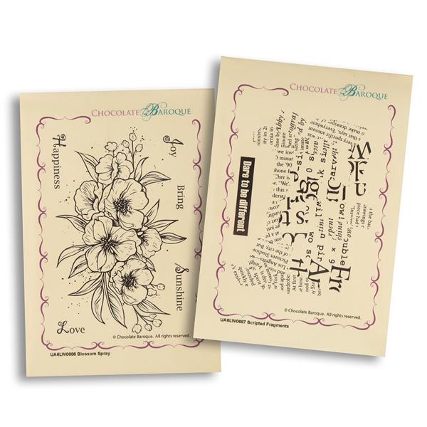 Chocolate Baroque 2 x A6 Mounted Stamp Sheets - Blossom & Script  - 150712