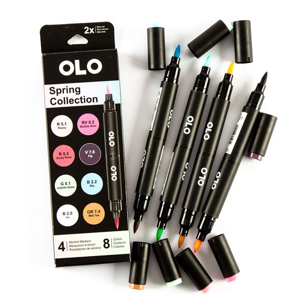 OLO Alcohol Markers 4 Pack Double Ended - 8 Colours Brush & Brush - 269735
