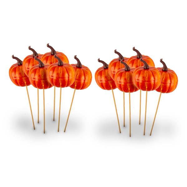 Occasions Pack of 12 Small Pumpkin on a Wooden Stem 15cm - 341559