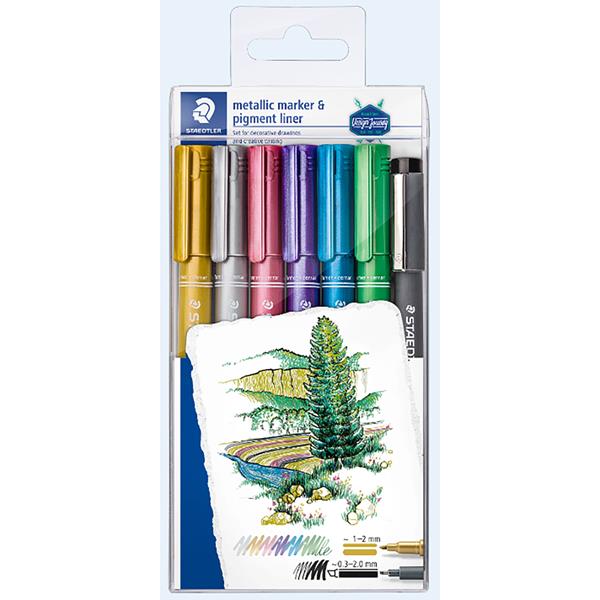 Staedtler 6 x Metallic Pens in Assorted Colours & 1 Pigment Liner - 347697