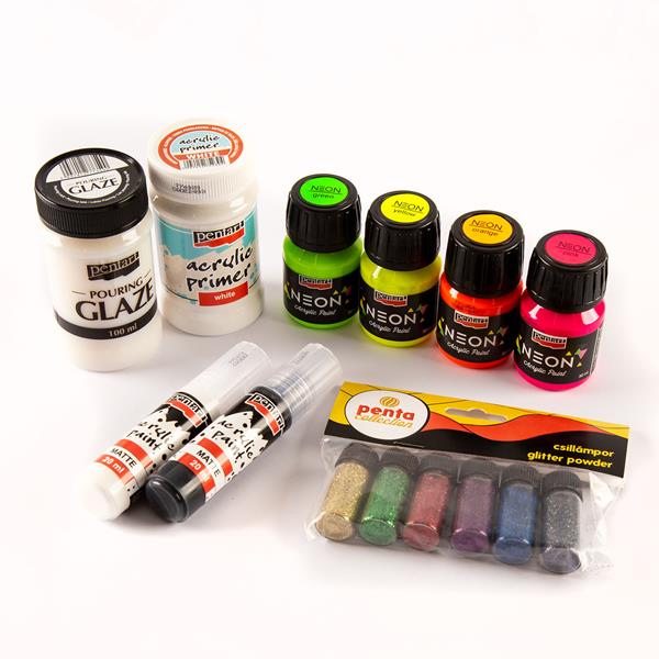 Pentart 4 x Neon Acrylics, Primer, Acrylic Paint, Pouring Glaze & - 376553