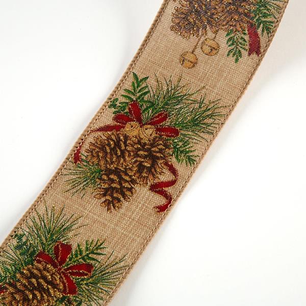 Eleganza Wired Edge Pine Cone Christmas Glitter Design No.419 Nat - 377004