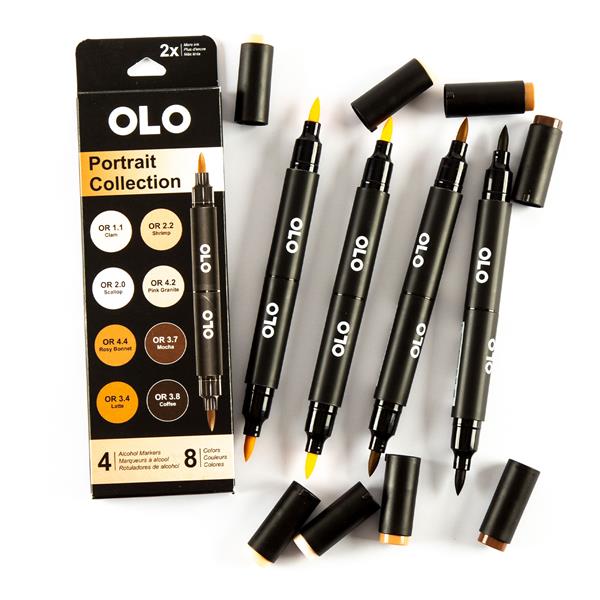 OLO Alcohol Markers 4 Pack Double Ended - 8 Colours Brush & Brush - 402884