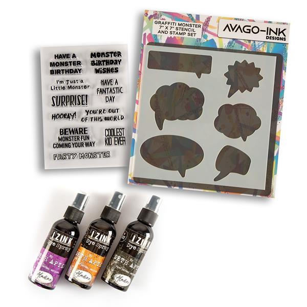 Avago Grafitti Monster Stencil & Stamp Set with iZink Spray Trio - 458353