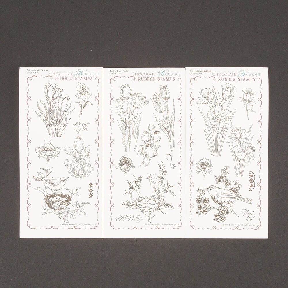 Chocolate Baroque Spring Birds Set of Three DL Stamp Sheets