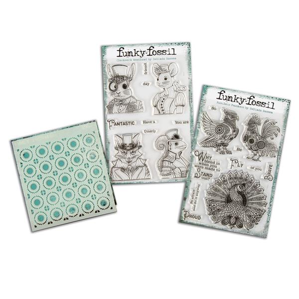 Funky Fossil 1 x Stencil - Geared Up & 2 x A5 Stamp Sets - Clockw - 537166