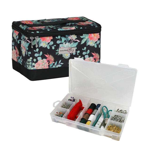 Collapsible Sewing Kit Organizer Box, Black & Floral
