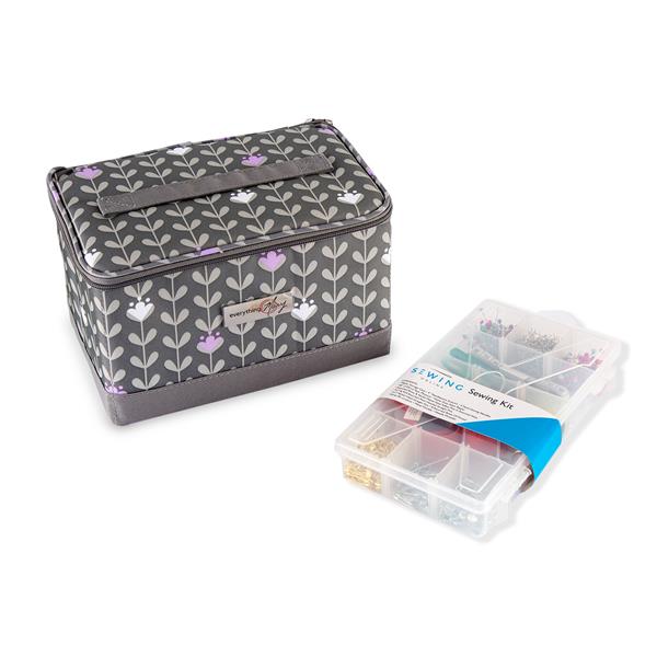 Everything Mary Grey Leaf Print Sewing Case with Sewing Kit - 605429
