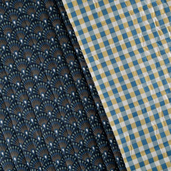 Higgs & Higgs Peacock / Blue & Yellow Check Quilted Cotton 1m Fab - 609500