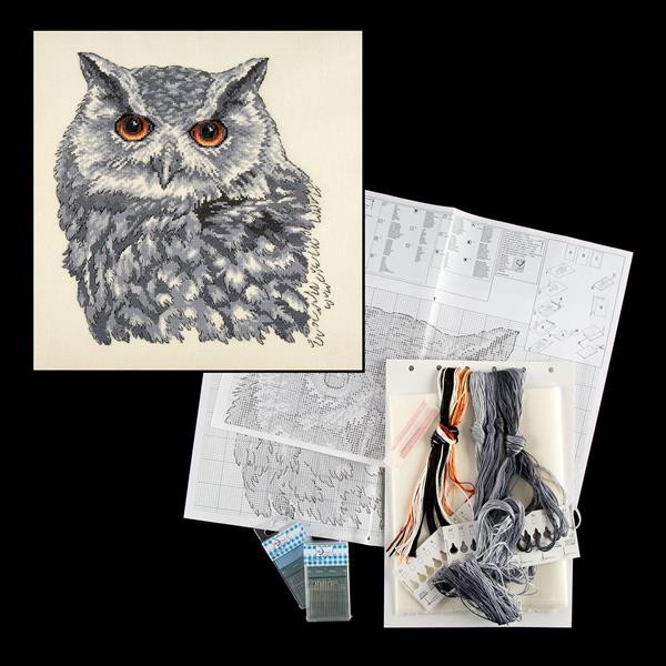 Permin Grey Owl Cross Stitch Kit on Linen with Sharps Needles Siz - 718830