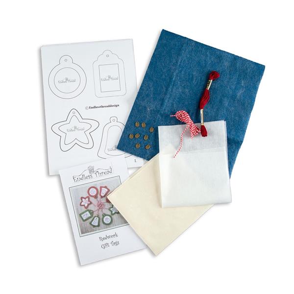 Daisy Chain Designs Blue Woolfelt Redwork Gift Tags Pattern and S - 791731