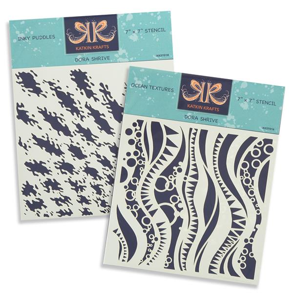 Katkin Krafts 2 x 7x7" Stencils - Ocean Textures & Inky Puddles - 795303