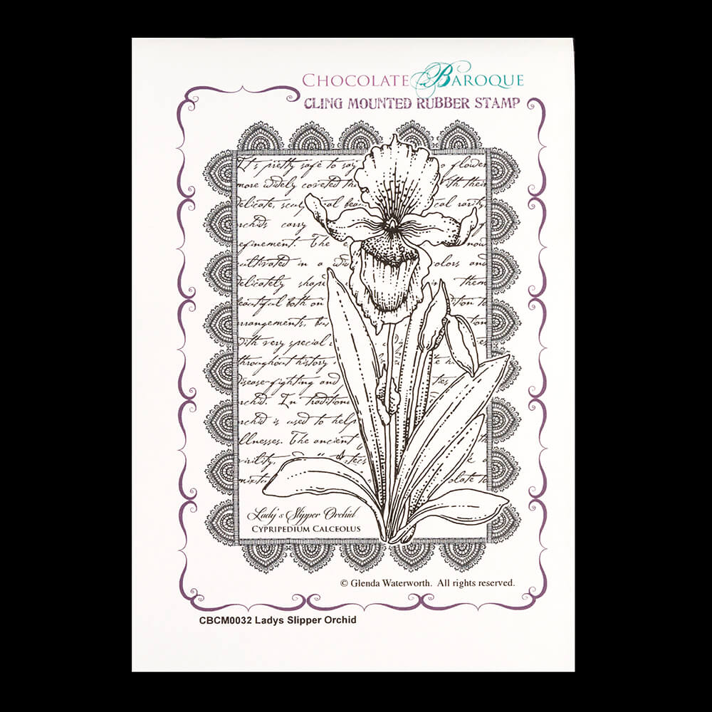 Chocolate Baroque Ladys Slipper Orchid A6 Cling Mount Rubber Stamp