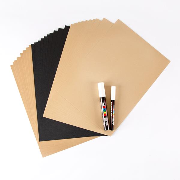 White Posca Pens and Black, Buff & Light Buff Paper Pack
