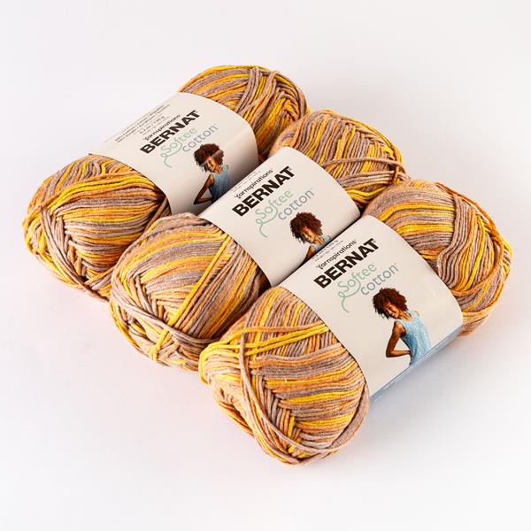 Bernat Softee Cotton Golden Haze & Golden Yarn Pack - Includes 6 x 120g  Balls with Lace Shawl Knit & Zig Zag Filet Crochet Pattern